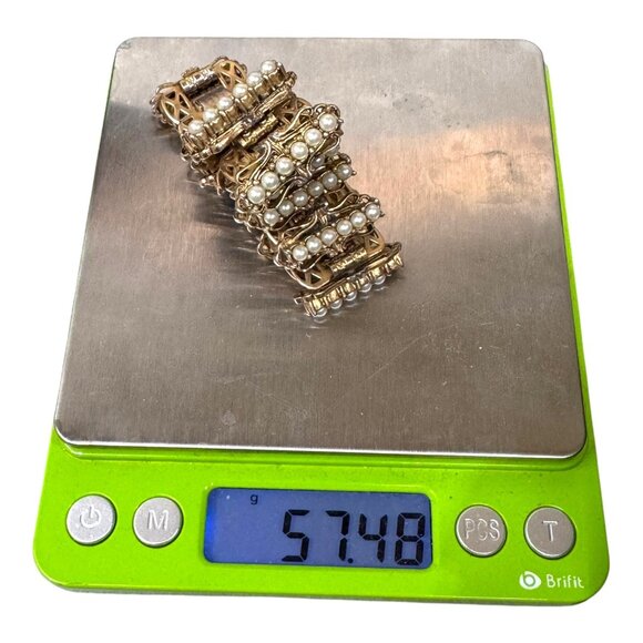 Vintage Gold Tone Bracelet Art Deco Heavy Statement Faux Pearl Detailing READ - Picture 5 of 8